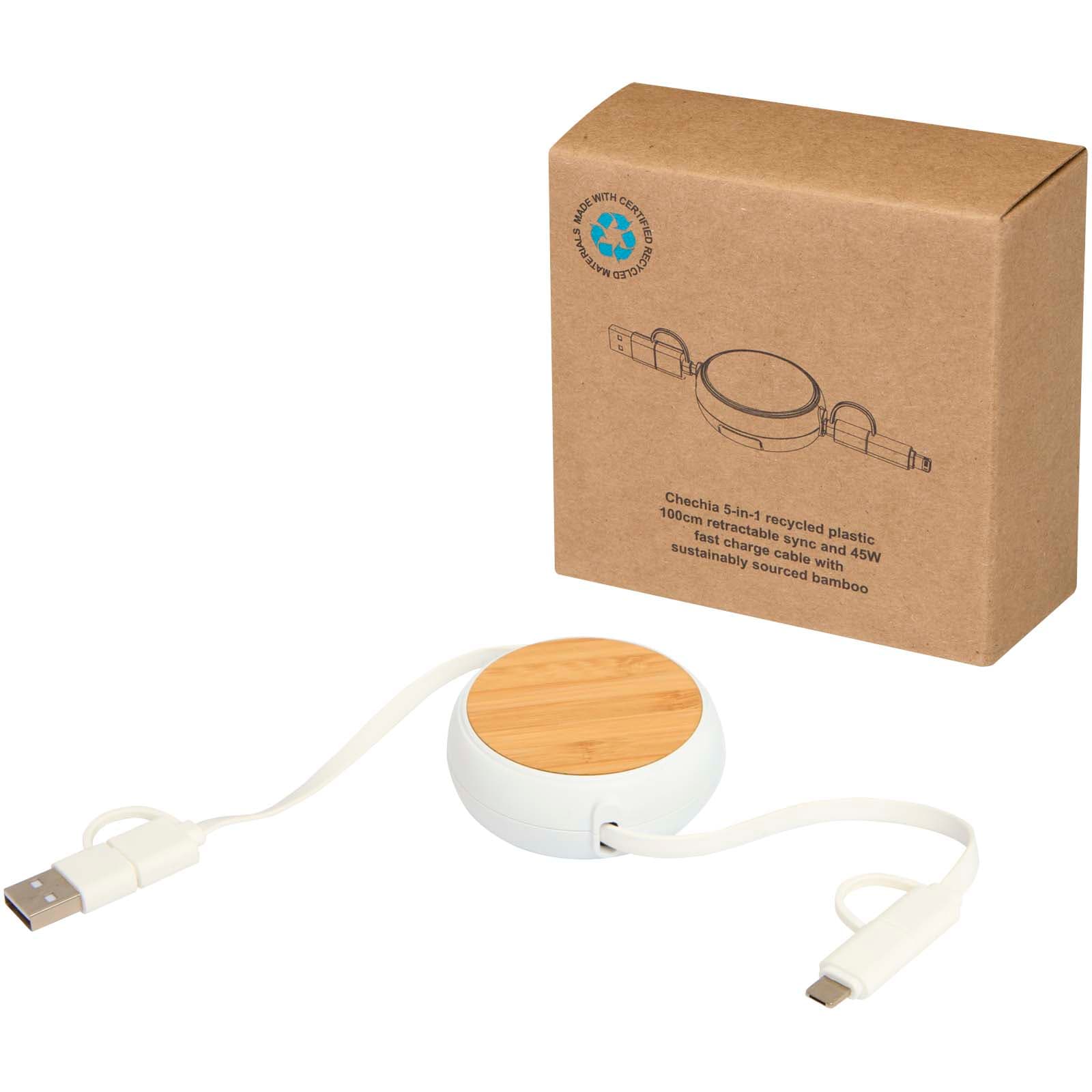 Chechia 5-in-1 recycled plastic 100 cm retractable data sync and 45W fast charge cable