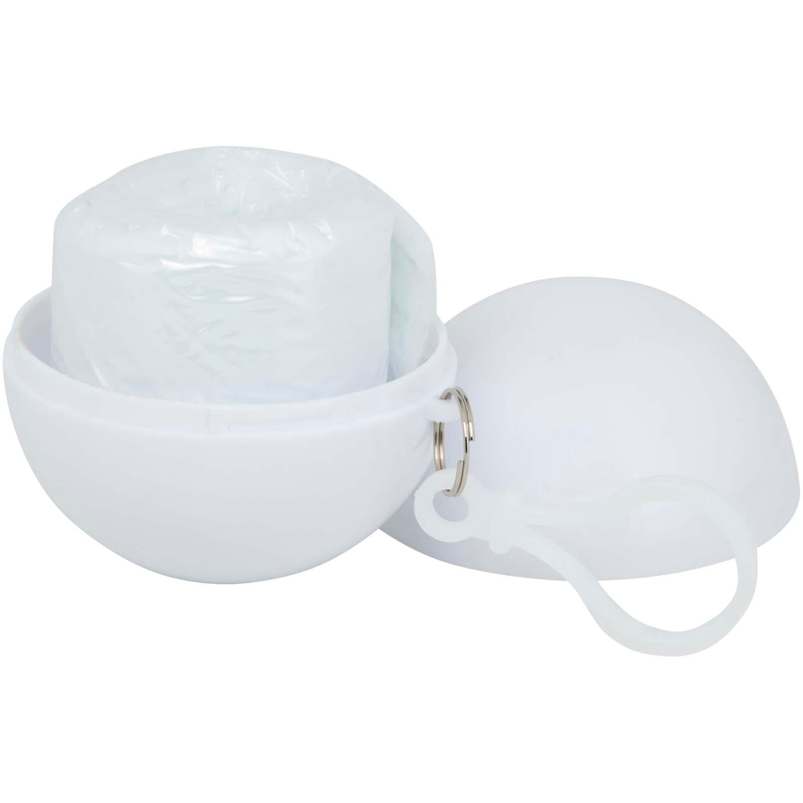 Fog poncho in round plastic container with carabiner