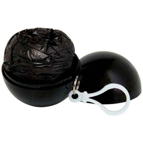 Fog poncho in round plastic container with carabiner
