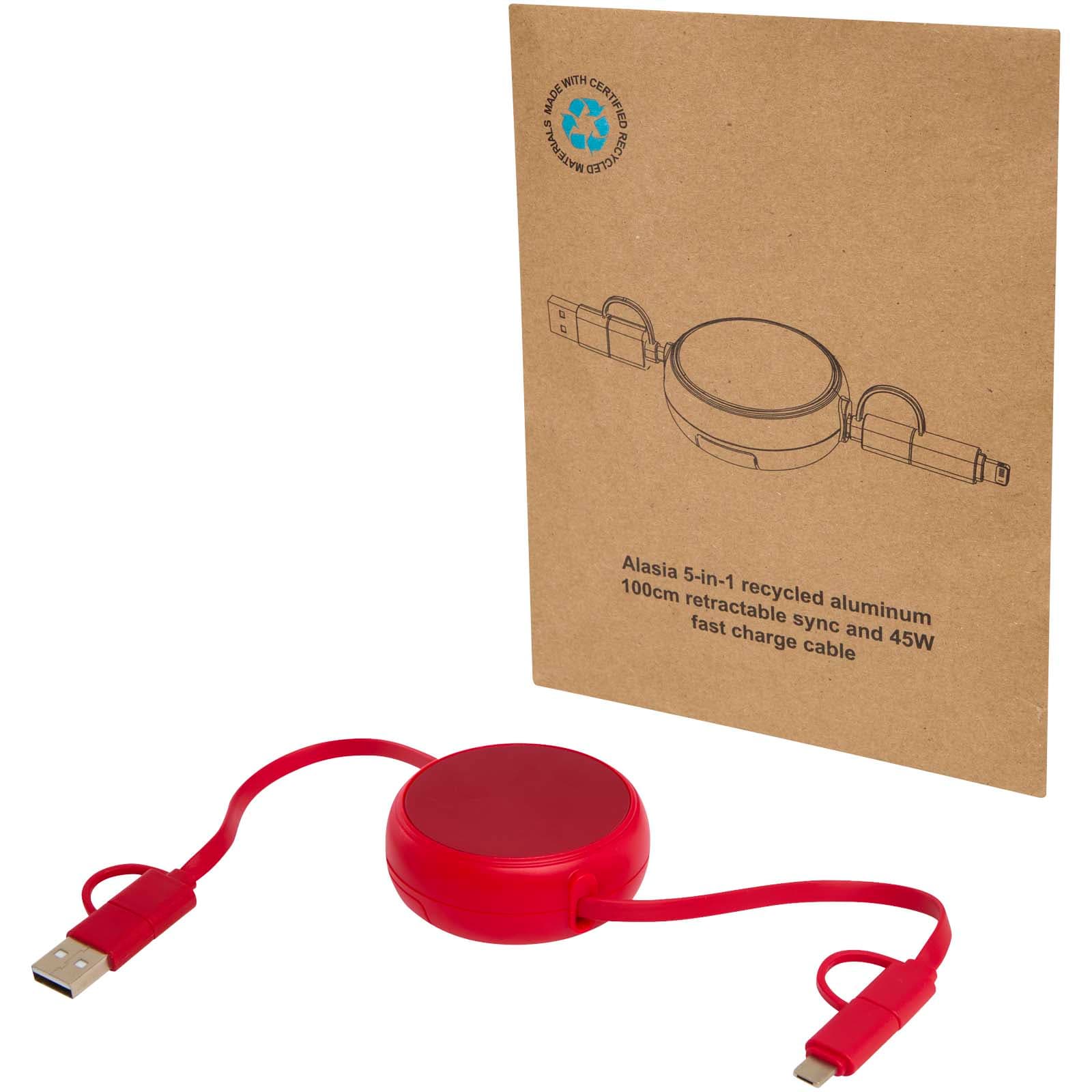 Alasia 5-in-1 100 cm recycled plastic and aluminium retractable data sync and 45W fast charge cable