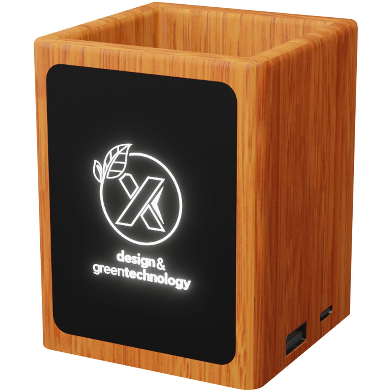 SCX.design O12 wooden light-up logo pencil holder with dual USB output