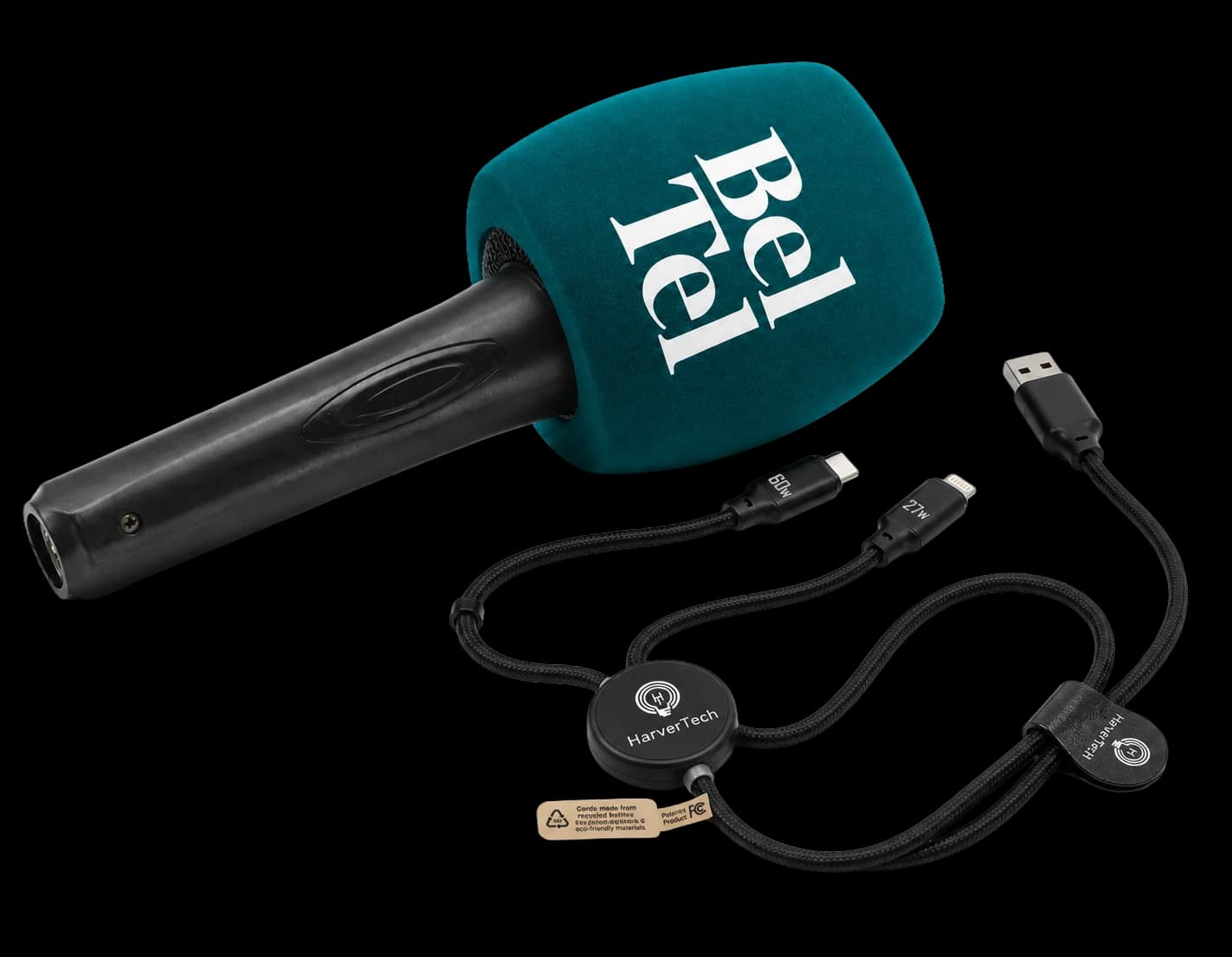 Bespoke sourced merchandise: a Belfast Telegraph branded microphone windshield and a HarverTech branded multi-tip charging cable